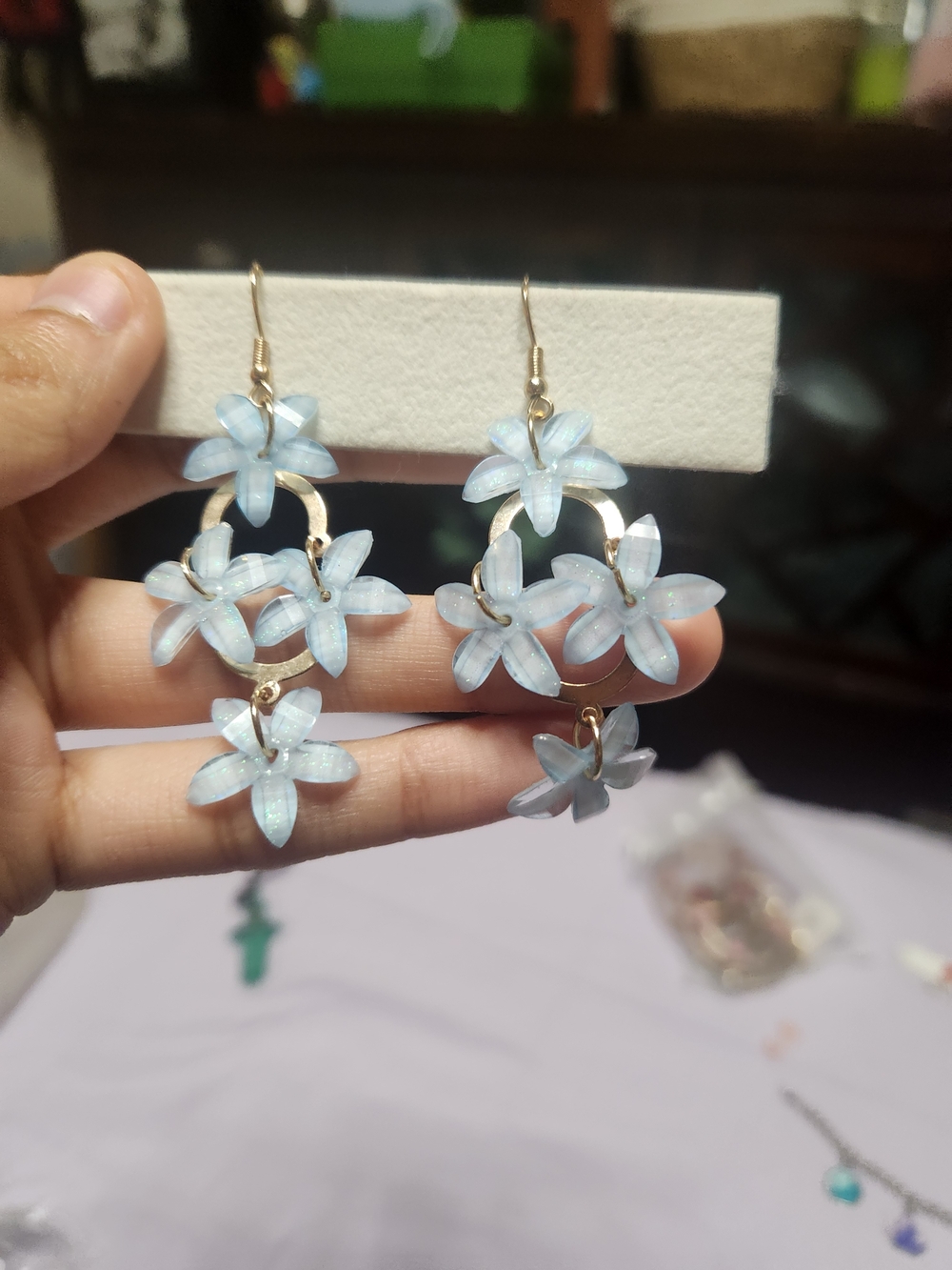 Source Unknown Pale Blue Floral Dangle Earrings with Gold Accents